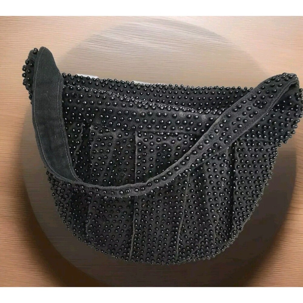 Vintage Plastic Beaded Bag Pleated Satchel Crescent Black Zippered Closure - Picture 3 of 16